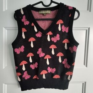 Princess Highway Black Knit Vest with Pink Butterflies & Red Mushrooms
